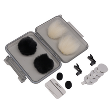 Lavalier accessory kit case with black and cream furry windscreens and clips