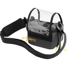 Gray and black audio bag with shoulder strap and open compartment with molded inserts