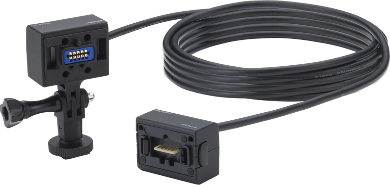 Microphone capsule extension cable with two adapter blocks and mounting clip, black