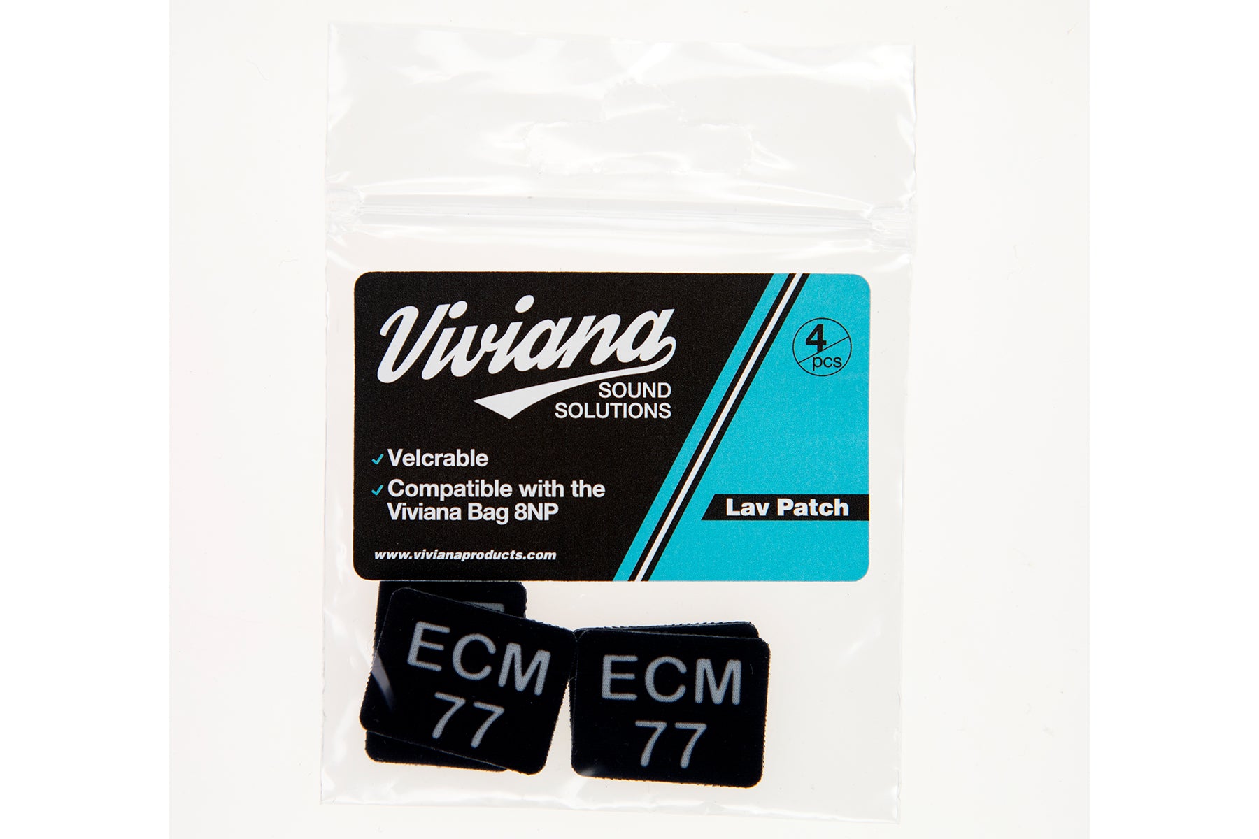Dark green lav mic patches labeled ECM 77, 4-pack in clear pouch.