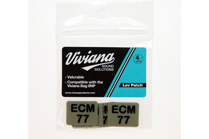Olive lav mic patches labeled ECM 77, 4-pack in clear pouch.