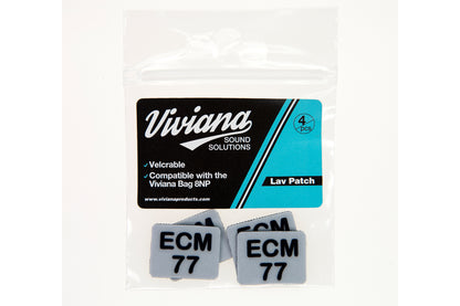 Light gray lav mic patches labeled ECM 77, 4-pack in clear pouch.