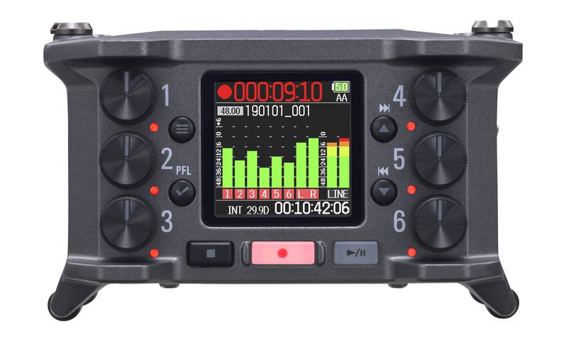 Zoom F6 field recorder front panel with six channel controls and colour display