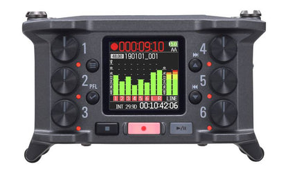 Zoom F6 field recorder front panel with six channel controls and colour display