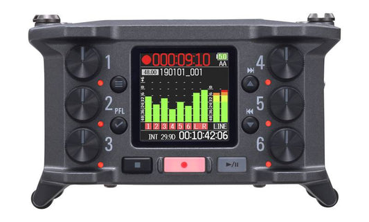 Zoom F6 field recorder front panel with six channel controls and colour display