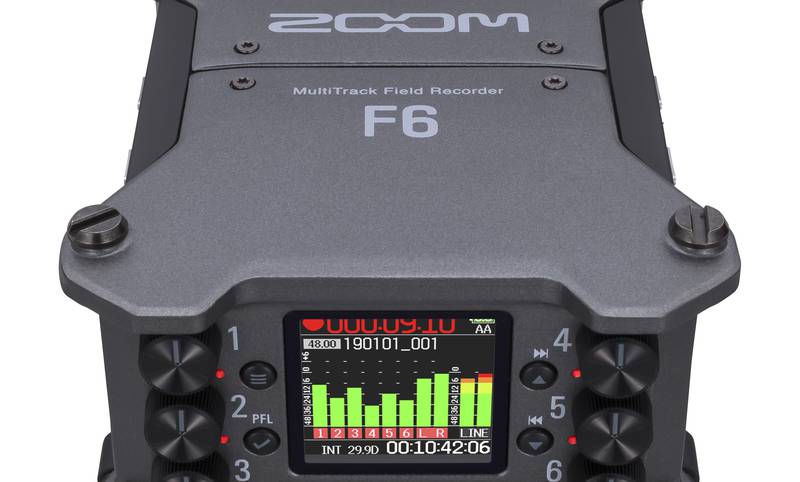 Zoom F6 professional multitrack field recorder close angled view