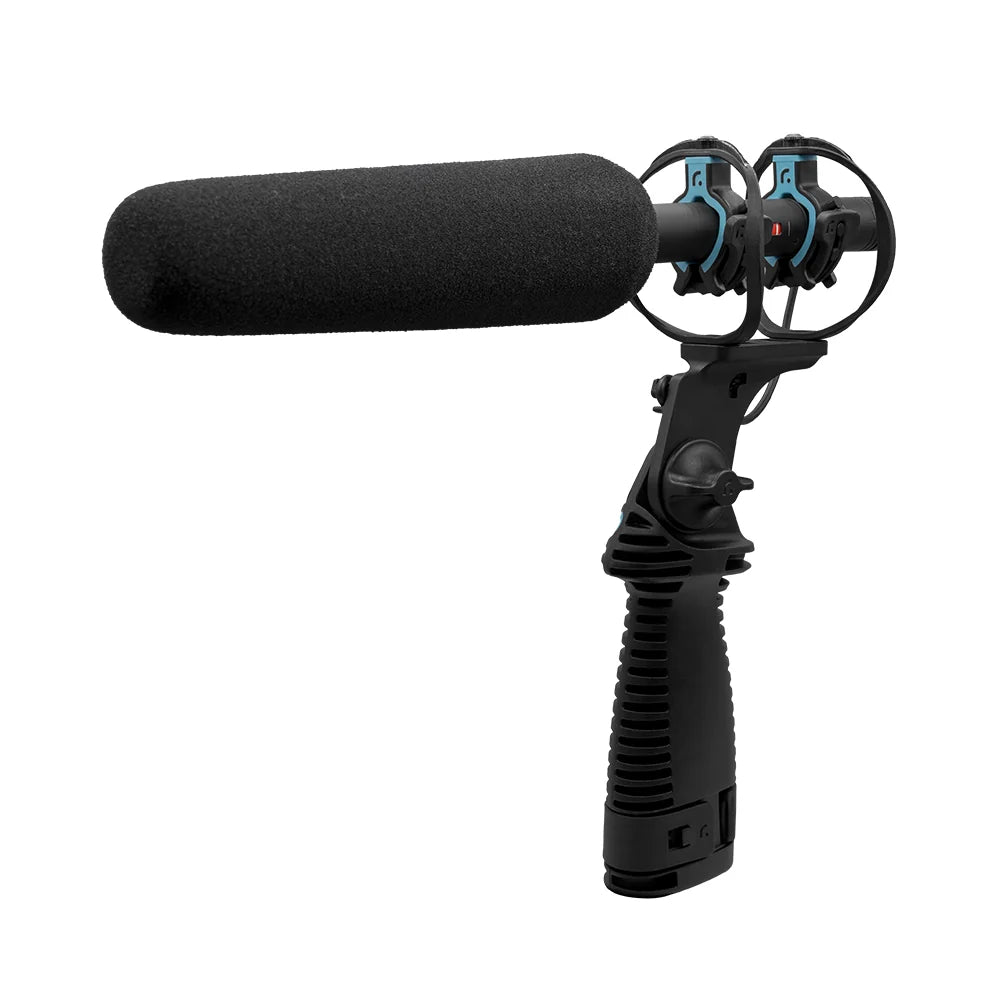 Shock mount with black foam windscreen and blue-accent handle