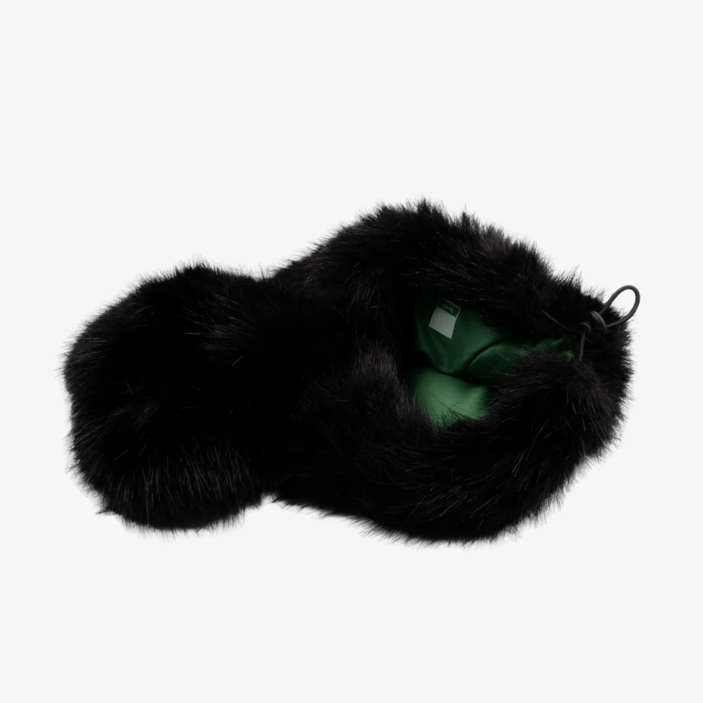 Black fur wind jacket with plush outer cover and green inner panel