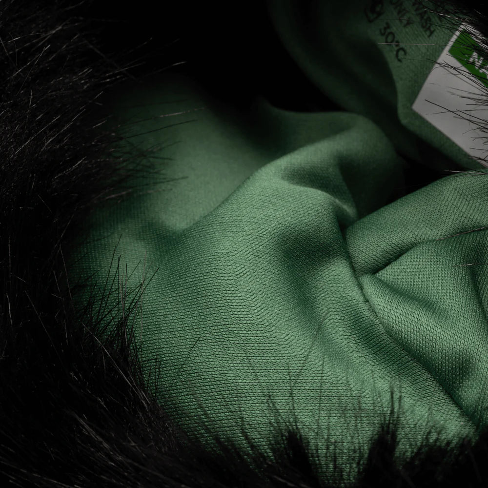 Fur wind jacket, green fabric lining with black faux-fur edge