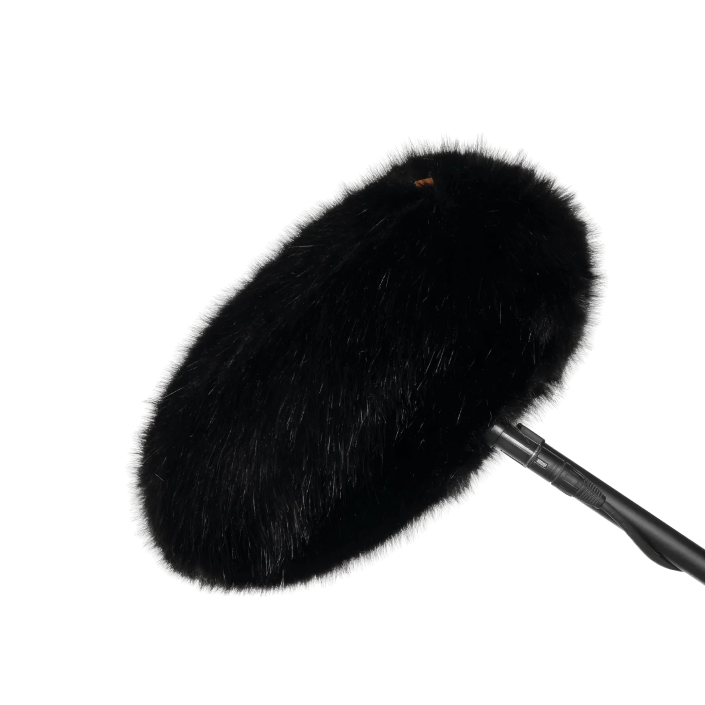 Black faux-fur wind jacket for microphone, curved rounded cover