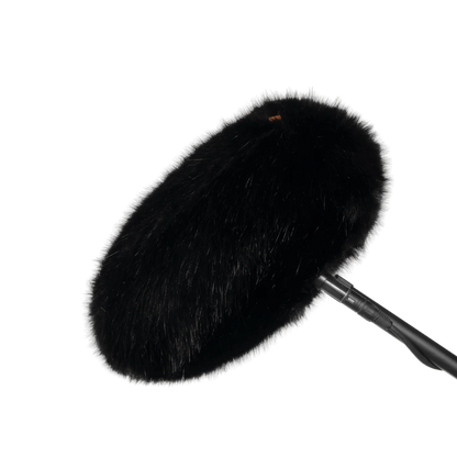 Black faux-fur wind jacket for microphone, curved rounded cover