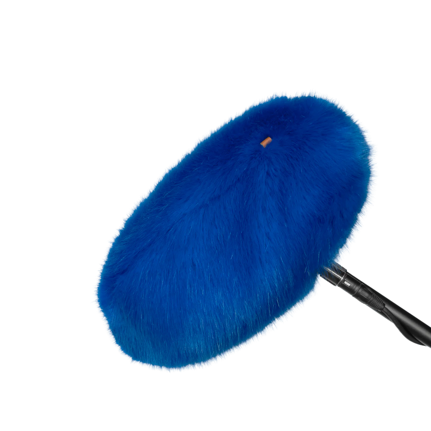 Blue faux-fur wind jacket for microphone, rounded cover with black mounting