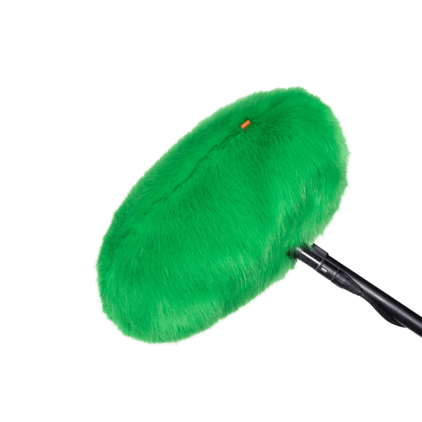 Green faux-fur wind jacket for microphone, rounded cover with black mounting