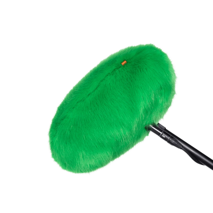 Green faux-fur wind jacket for microphone, rounded cover with black mounting