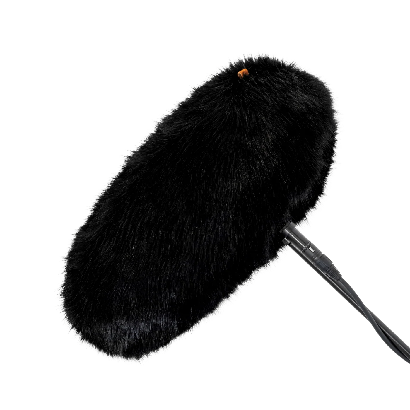 Black faux-fur wind jacket for microphone, close-up of plush fur cover