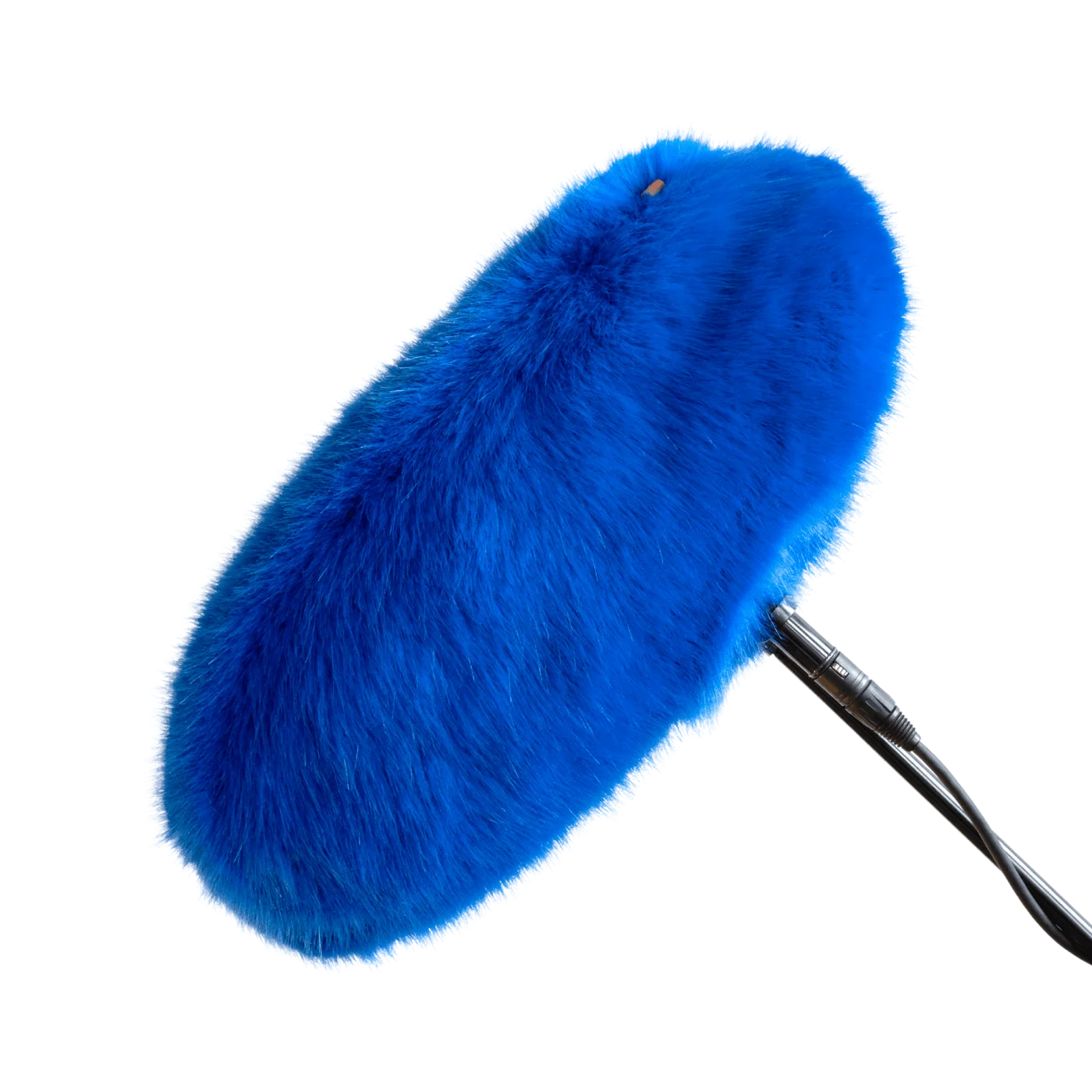 Blue faux-fur wind jacket for microphone, close-up of rounded plush cover