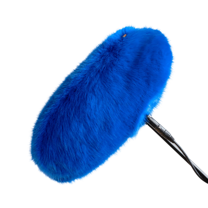 Blue faux-fur wind jacket for microphone, close-up of rounded plush cover
