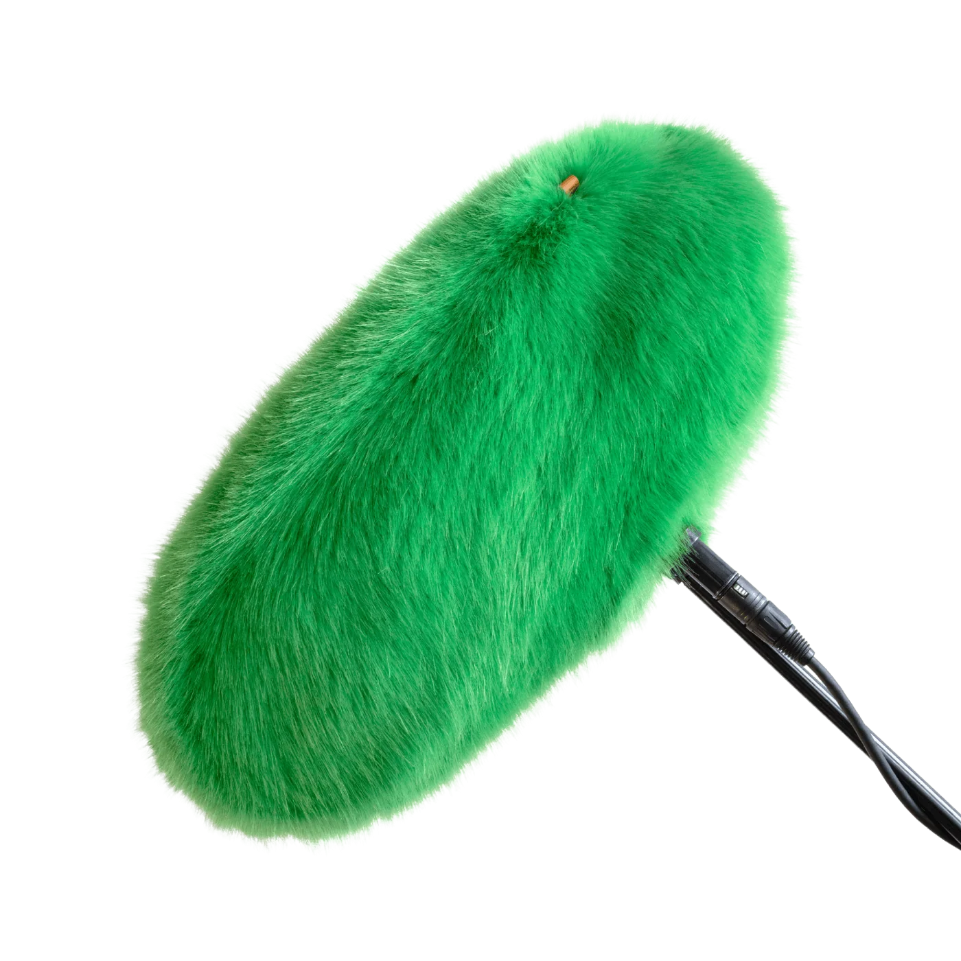 Green faux-fur wind jacket for microphone, close view with black mounting