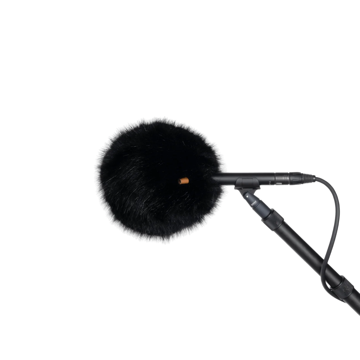 Black fur wind jacket with round front and small orange marker, on microphone