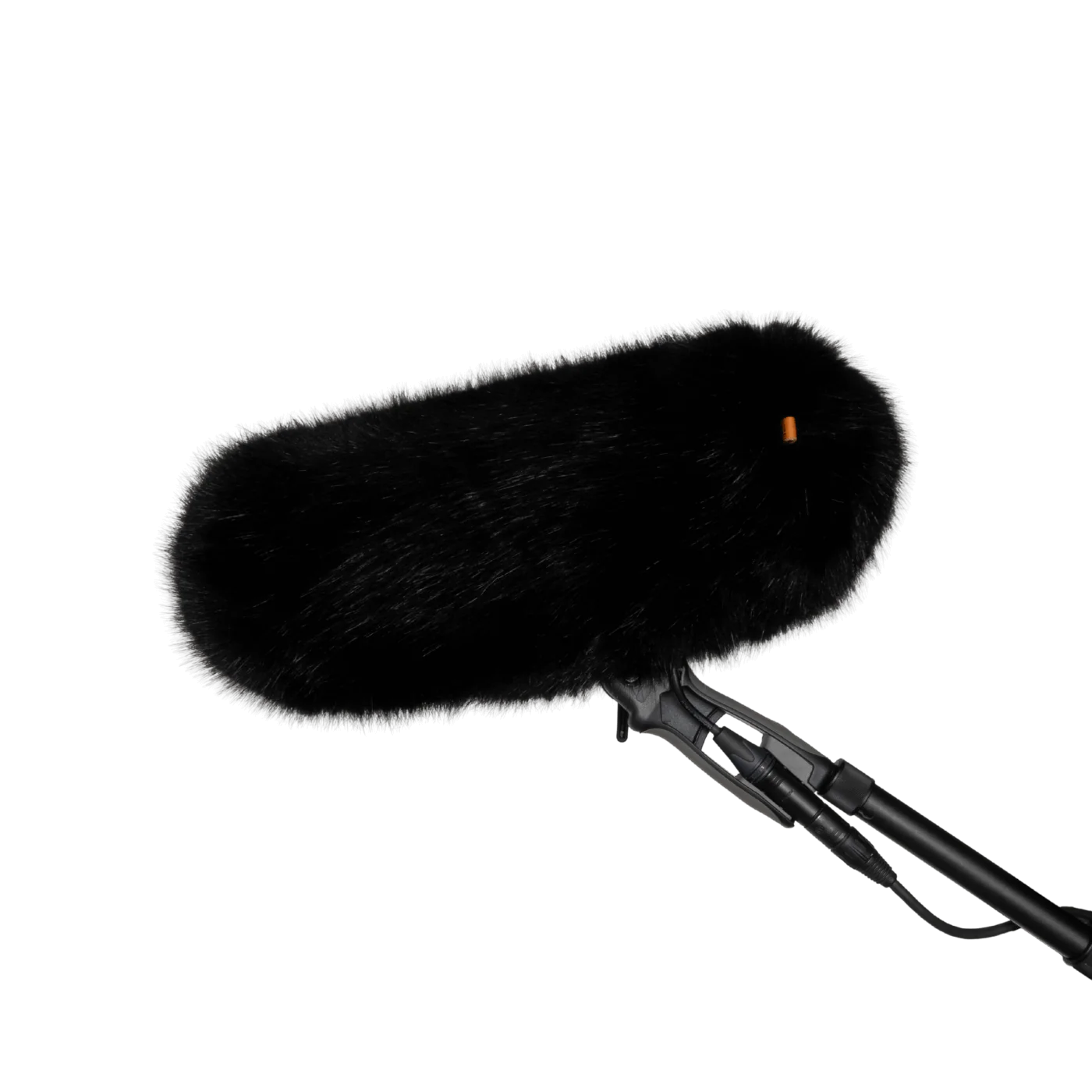 Black faux-fur wind jacket for microphone, rounded cover with mounting clip
