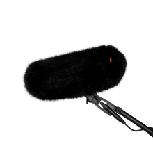 Black faux-fur wind jacket for microphone, rounded cover with mounting clip