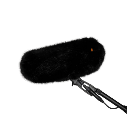 Black faux-fur wind jacket for microphone, rounded cover with mounting clip