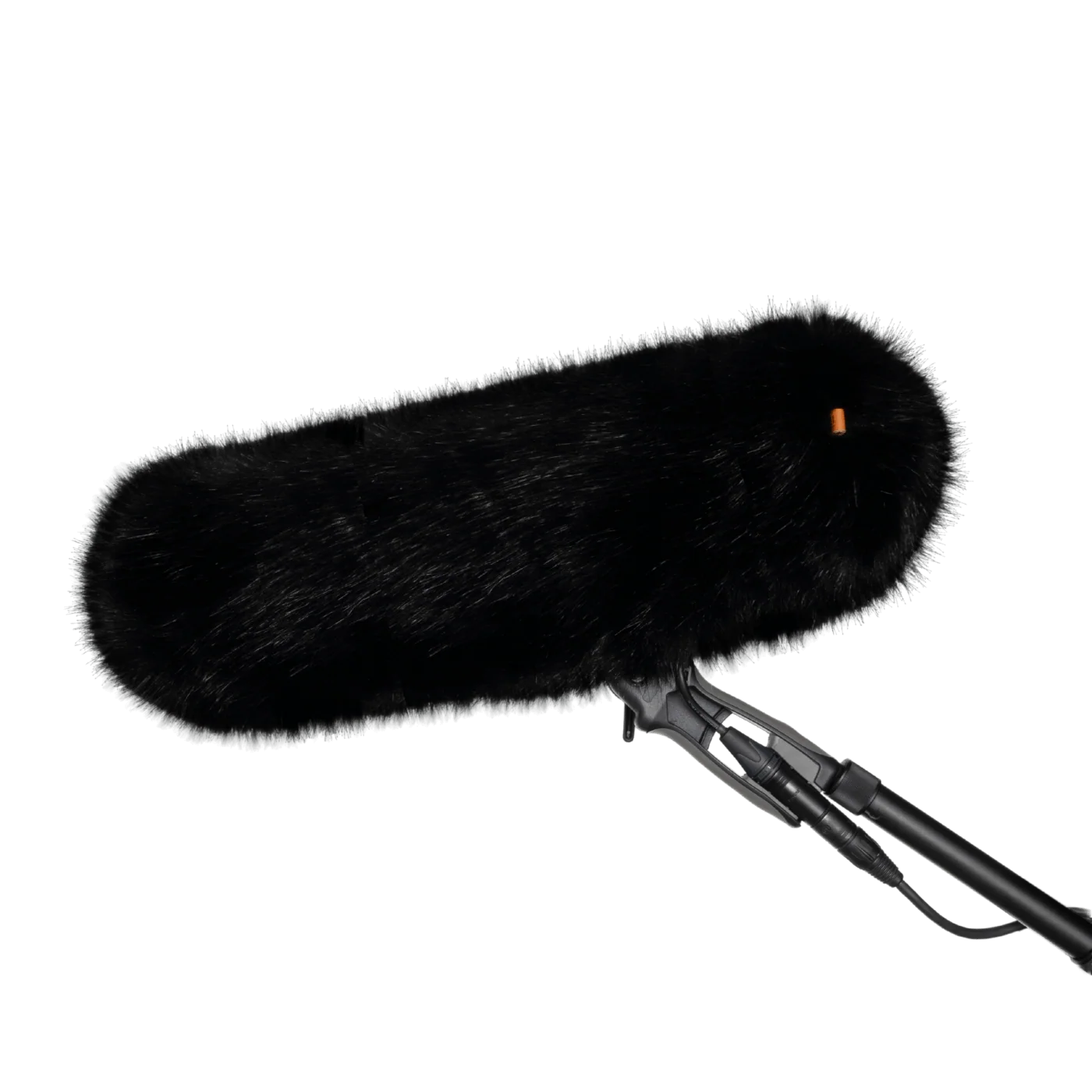 Black faux-fur wind jacket for microphone, elongated rounded cover