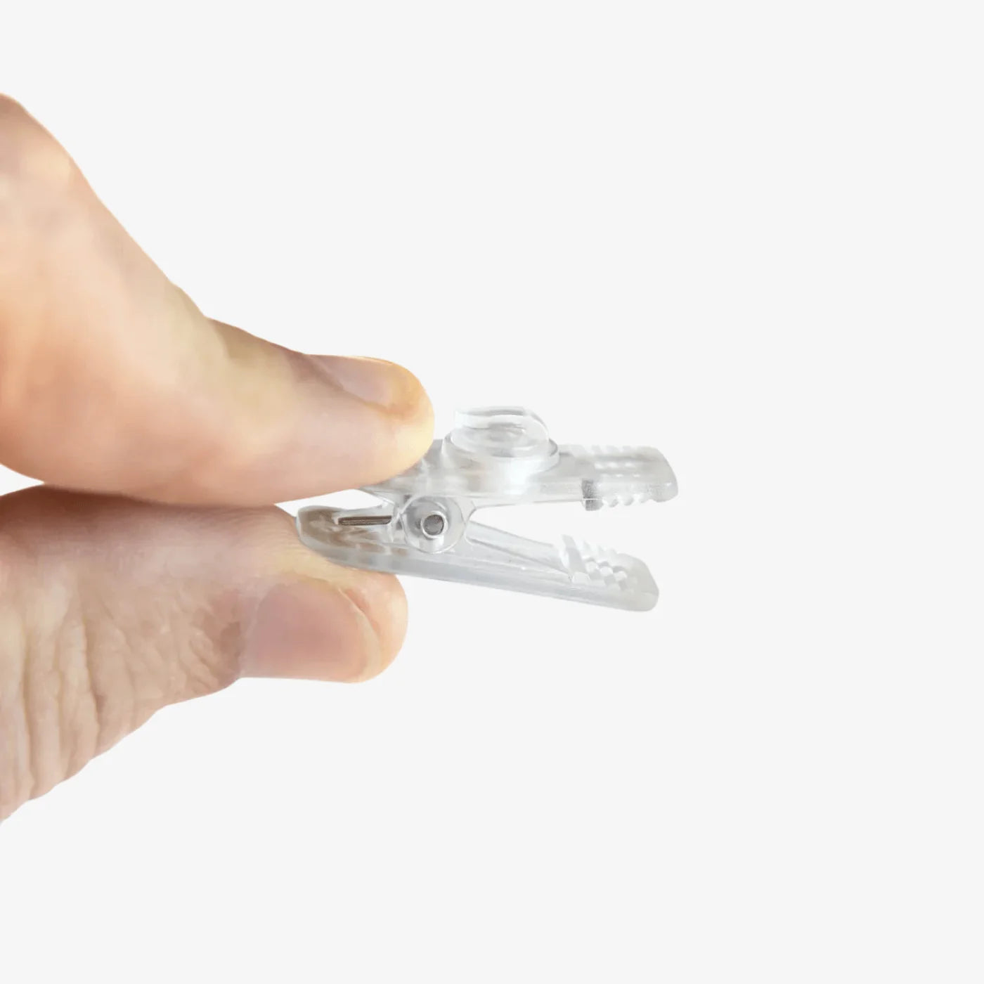 Clear plastic alligator-style clothing clip with hinged spring clamp
