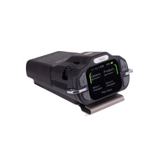 Black wireless beltpack with front screen, reply button, and side clip
