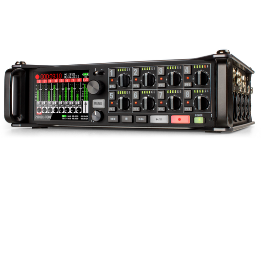 Zoom multitrack field recorder with front knobs, channel meters, and display