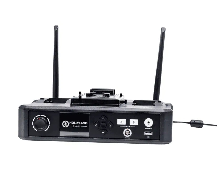 Black Hollyland Solidcom C1 Pro hub base side view with dial, buttons, and two antennas