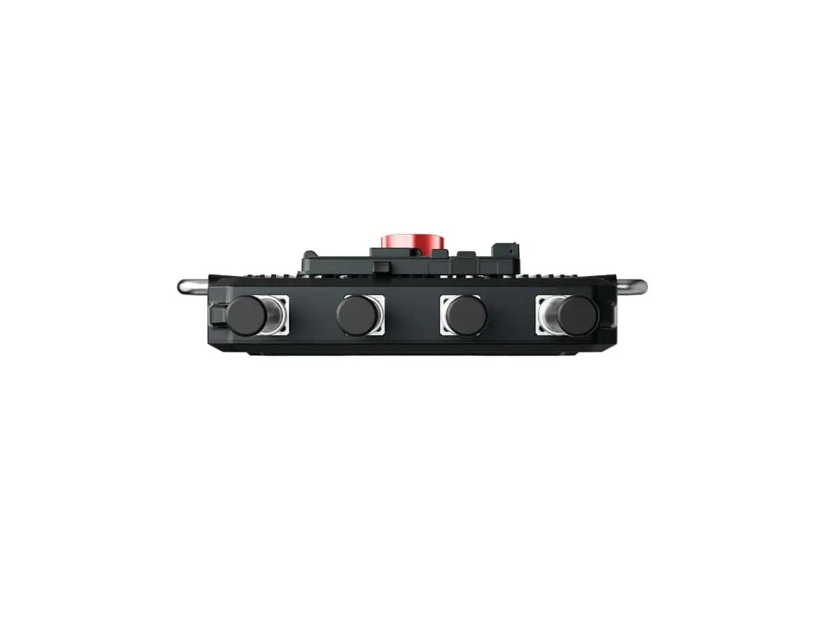 Black intercom hub control panel with four knobs and red button