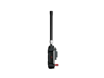 Black intercom headset transceiver side view with antenna and red indicator