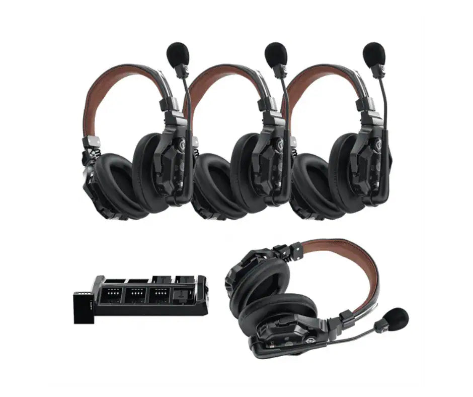 Double-ear wireless intercom headset set with brown leather-style headband and microphones