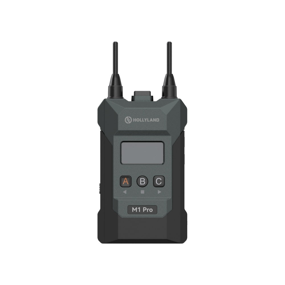 Hollyland M1 Pro wireless beltpack with dual antennas, LCD screen, and A/B/C keys