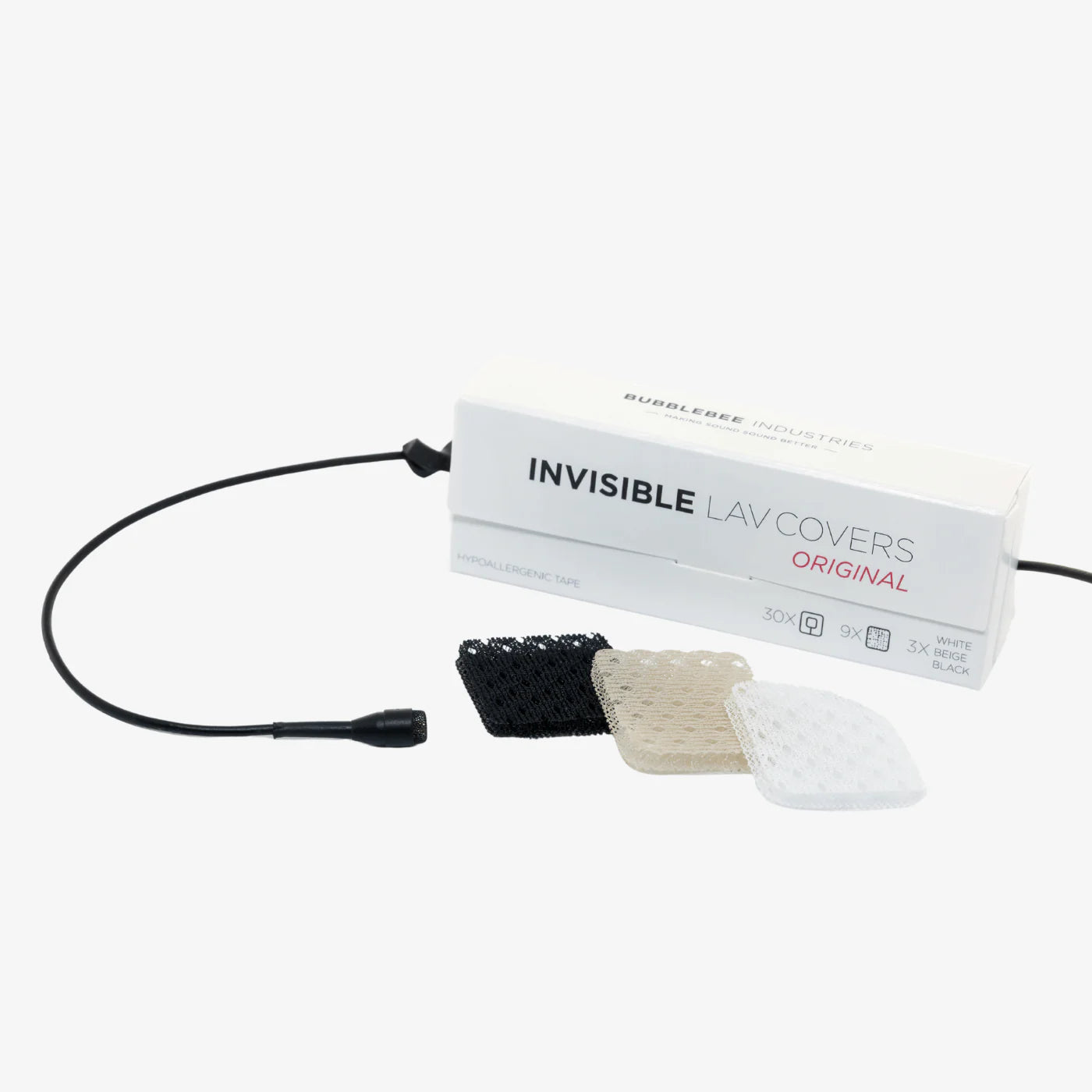 Lav mic cover kit with three textured pads and connecting cable