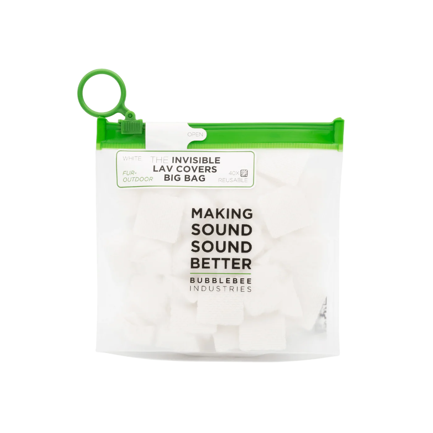 White fur outdoor lav covers refill bag with green latch, 40 pack