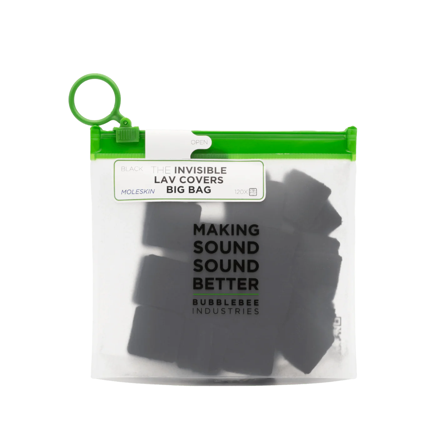 Black Moleskin lavalier microphone covers, Big Bag refill pack in clear pouch