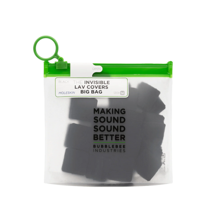 Black Moleskin lavalier microphone covers, Big Bag refill pack in clear pouch