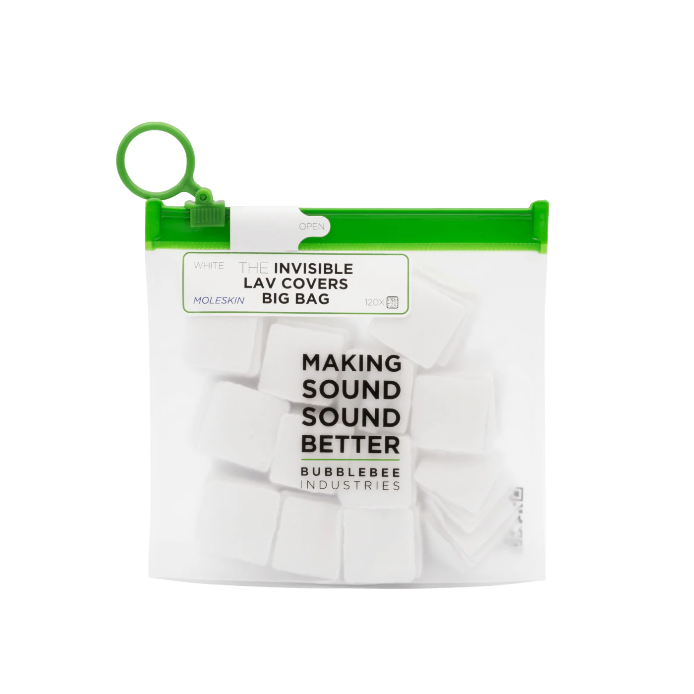 White moleskin lav covers refill bag with green latch, 120 pack