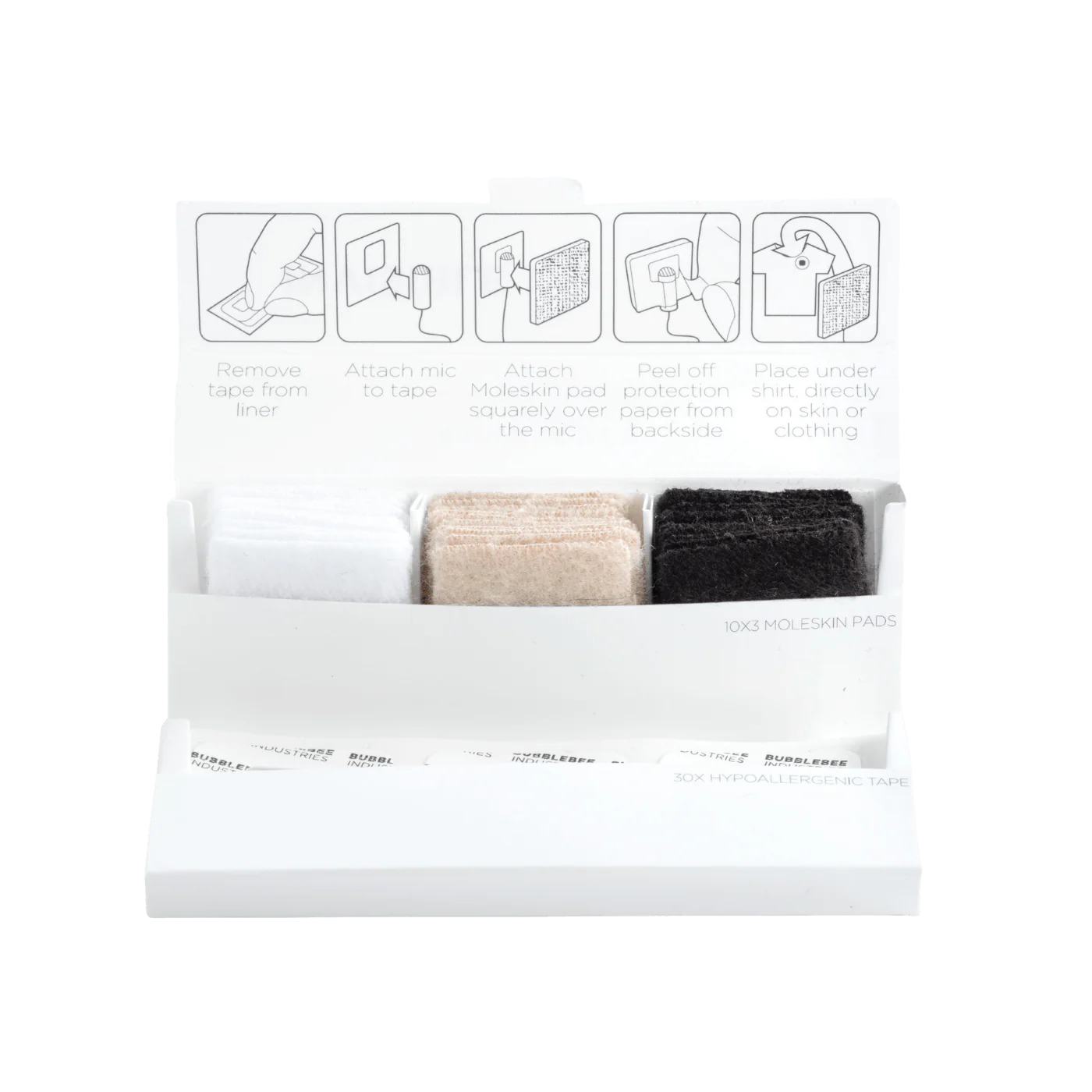Lav mic cover tray with white, tan, and black moleskin pads