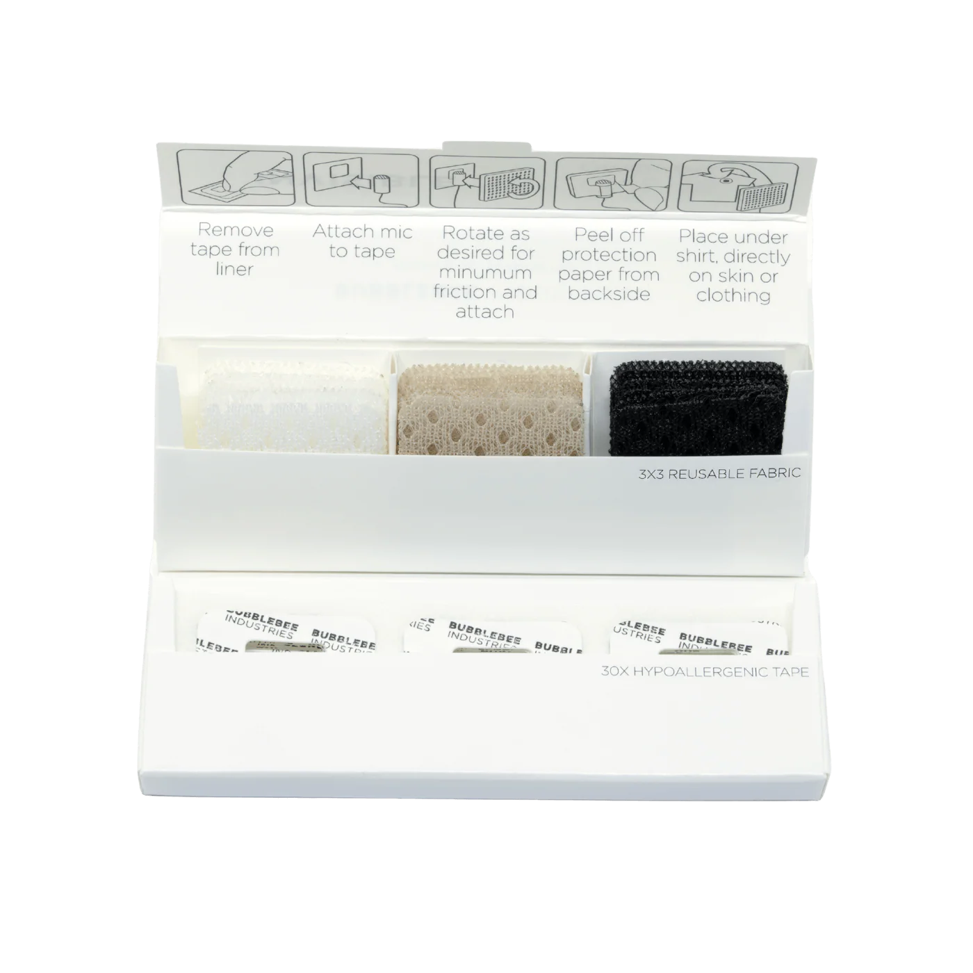 Lav mic cover dispenser tray with three textured reusable pads