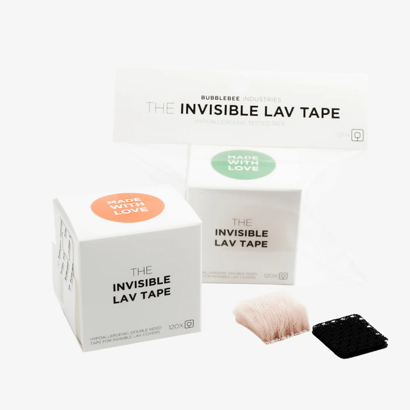 Invisible lav tape product boxes with small black tape pieces