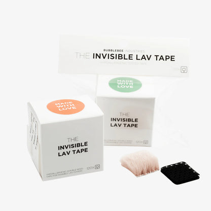 Invisible lav tape product boxes with small black tape pieces