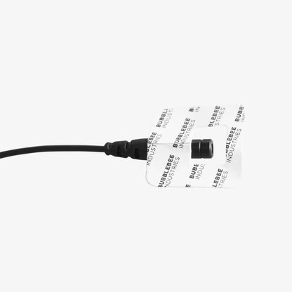 Beige lav tape roll segment with black cord and white label