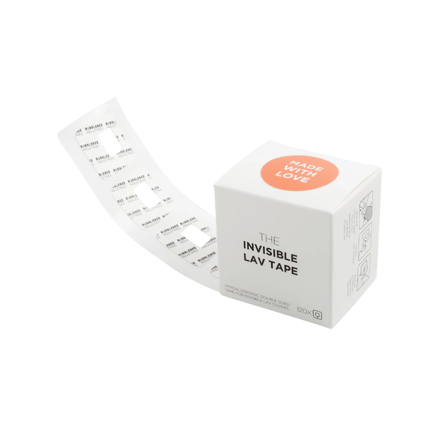 Invisible lav tape roll dispenser with white strip backing