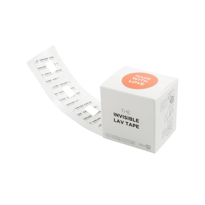Invisible lav tape roll dispenser with white strip backing