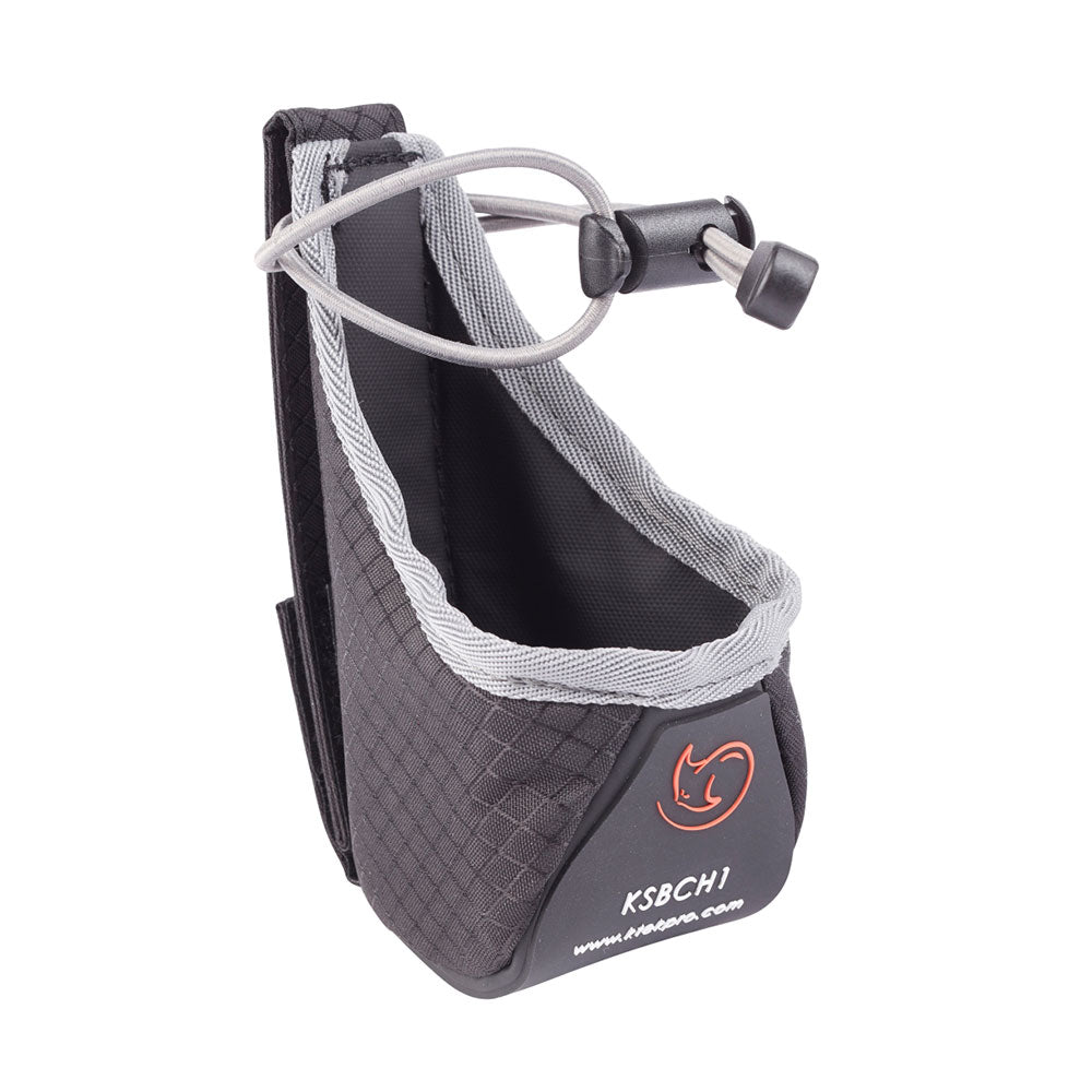 Dark gray fabric cup holder with bungee elastic loop and mounting strap