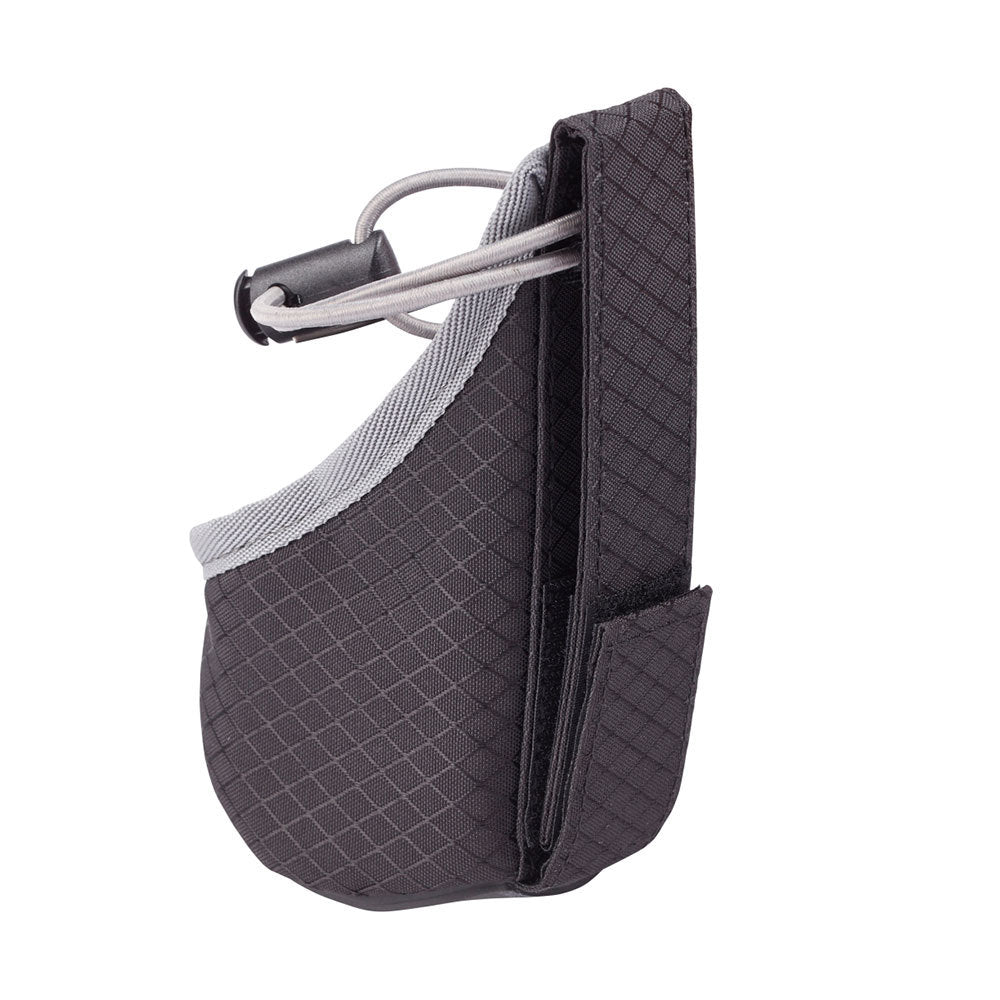 Dark gray foldable cup holder with elastic cord and side mounting strap