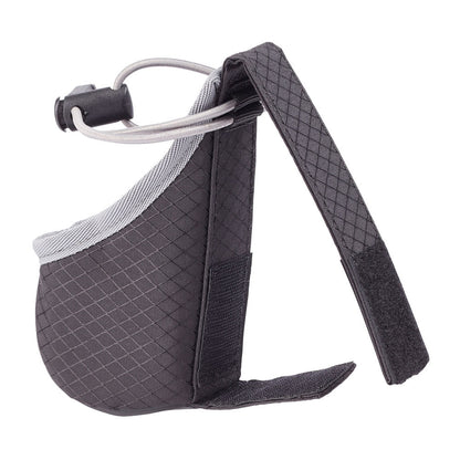 Dark gray cup holder with hinged support strap and elastic drink holder loop